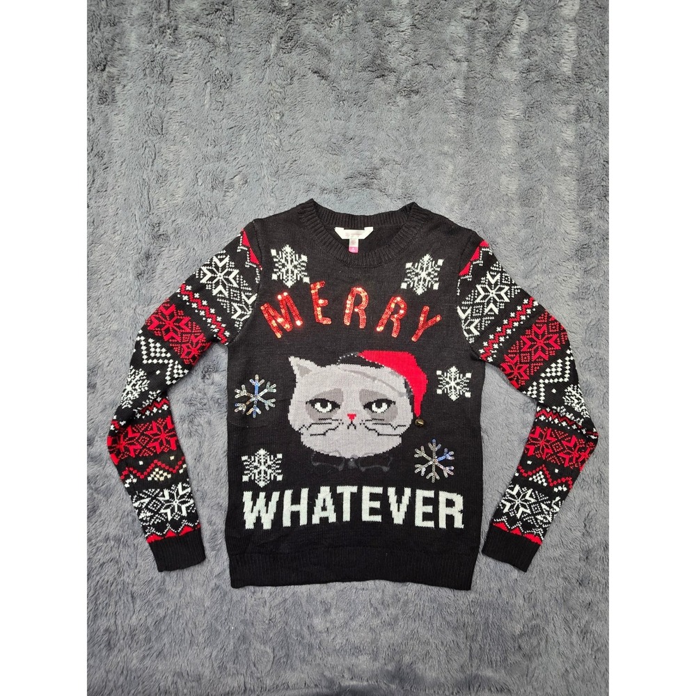 No Boundaries Womens Merry Whatever Grumpy Cat Christmas Sweater Black Medium7-9